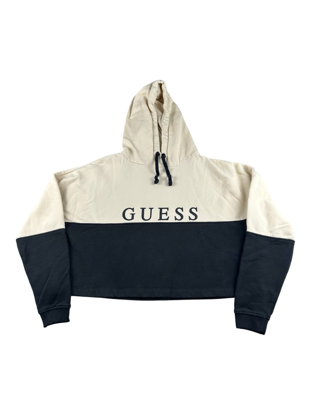 GUESS Colorblock Cropped Logo Hoodie Cream Black Sweatshirt Small - Picture 2 of 9